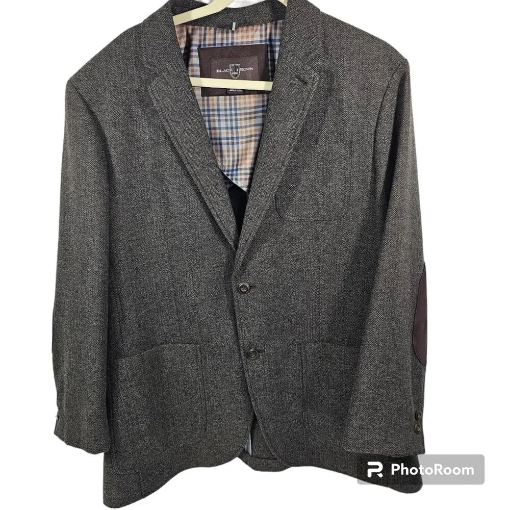 Black Brown 1826 Brown Herringbone Wool Blend Men's Blazer Size XL